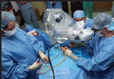 Surgerical team performing a procedure together in an operating room.