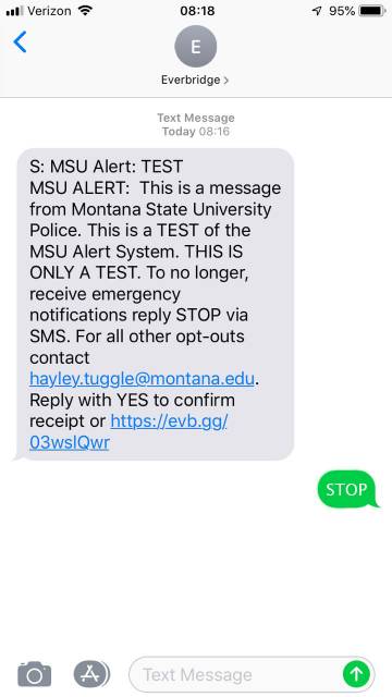 Screenshot of SMS text message containing a Test Alert from MSU Alert and the correct opt out response of "STOP"