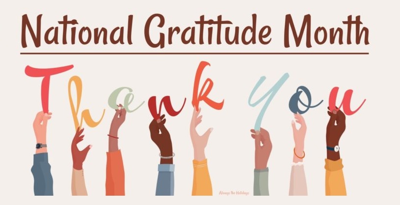 National Gratitude Month multi-racial hands holding the leatters to spell Thank You