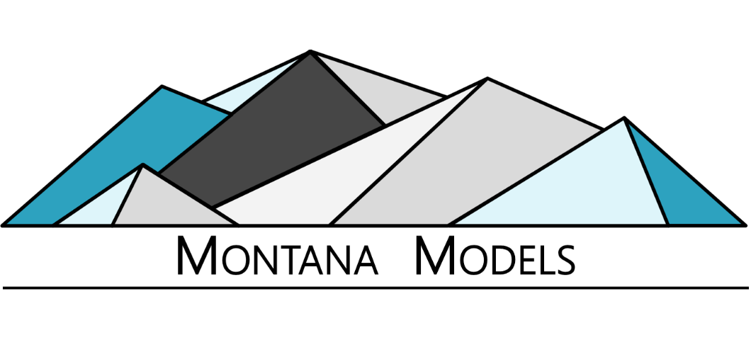 Abstract grey and blue mountains with the words Montana Models written below