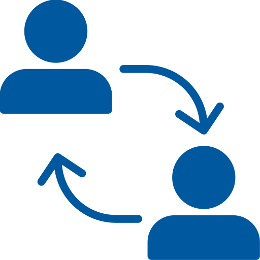 Icon of two people in a circle with arrows flowing between them to symbolize conversation
