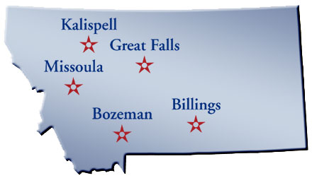 Map of the state of Montana depicting the locations of Bozeman, Billings, Great Falls, Kalispell and Missoula. 