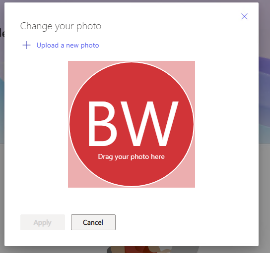 Profile photo change pop-up. There is a large circle icon with the profile's initials. This is where you can either drag and drop or upload a file to change the photo.