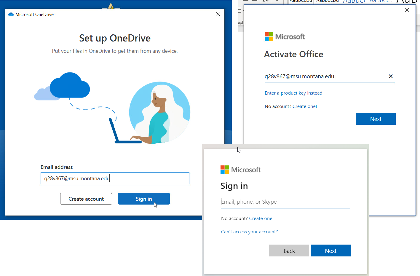 examples of Microsoft sign in pages asking to enter email