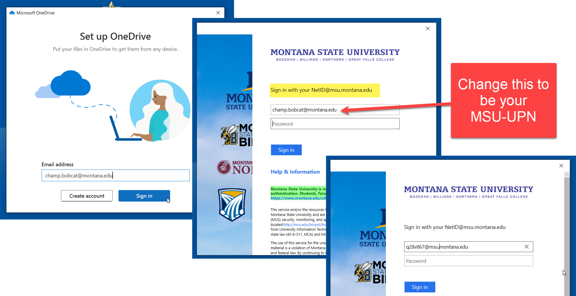 sign in images showing changing email to be the MSU-UPN