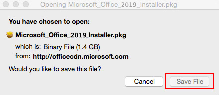 Micorsoft Office 2016 Installer, would you like to save this file pop-up box.