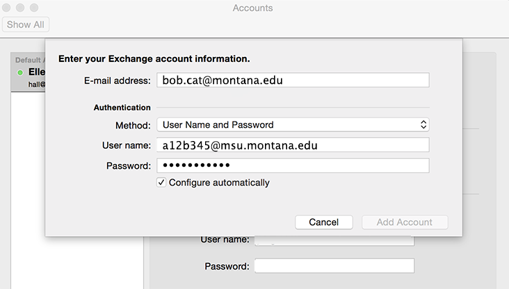 screenshot of Outlook Preferences - add account panel.