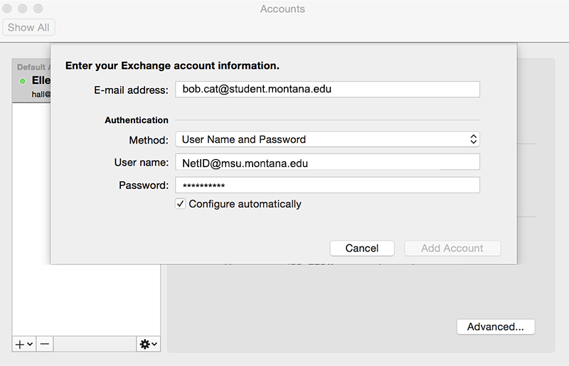 screenshot of Outlook Preferences - add account panel.
