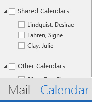 Screenshot of left navigation and the shared calendar header.