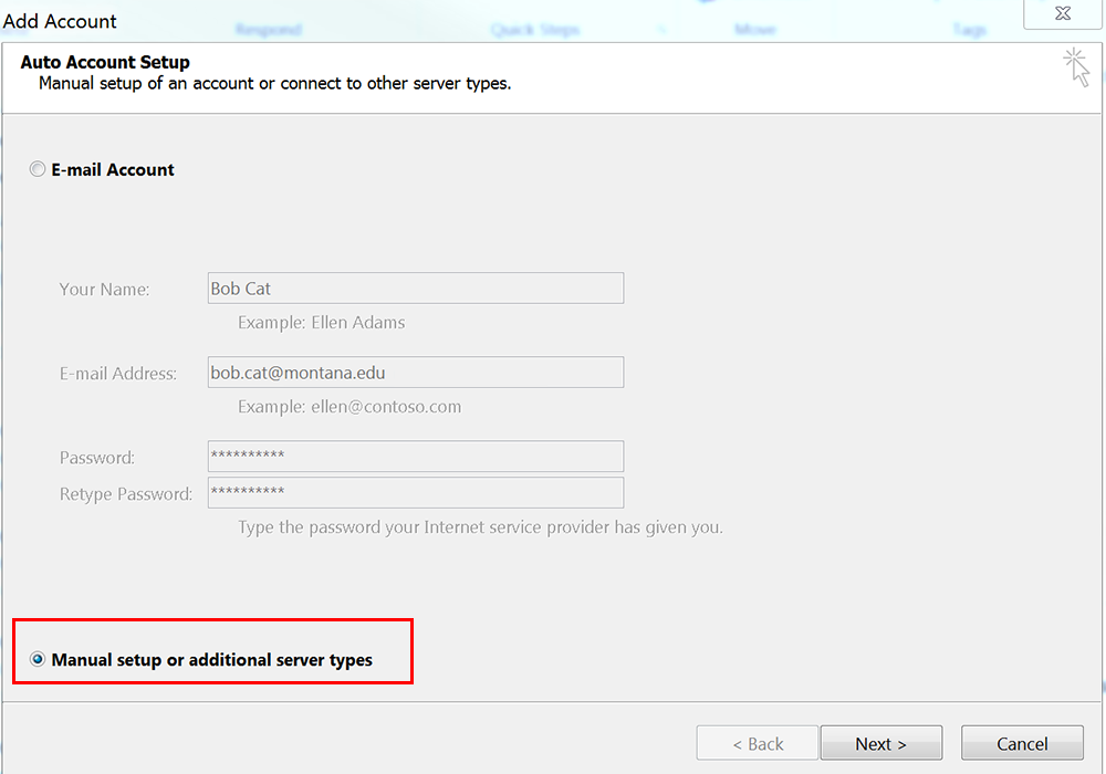 screenshot of the radio button to click to manually set up outlook account. 