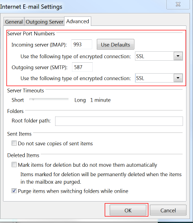 Screenshot of Advanced tab in Internet Email Settings panel.