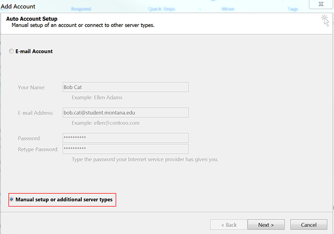screenshot of the radio button to click to manually set up outlook account. 
