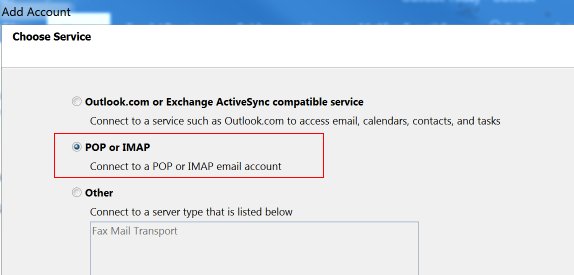 Screenshot of Pop or IMAP radio button selection.