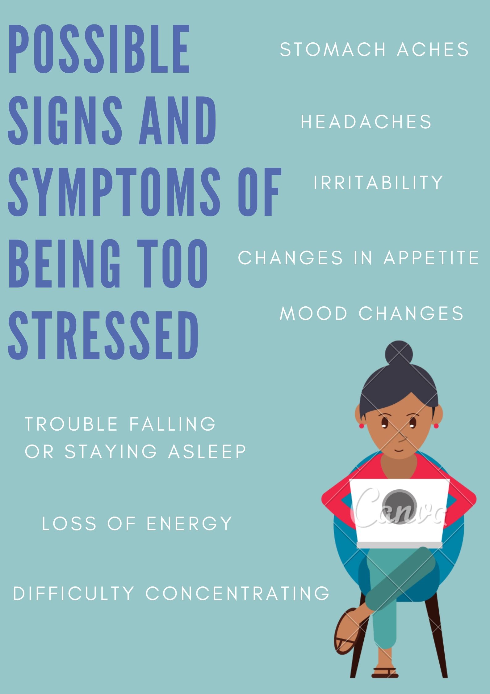 Signs and symptoms of stress: irritability, changes in appetite, stomach aches, headaches, mood changes, trouble sleeping, loss of energy, and difficulty concentrating