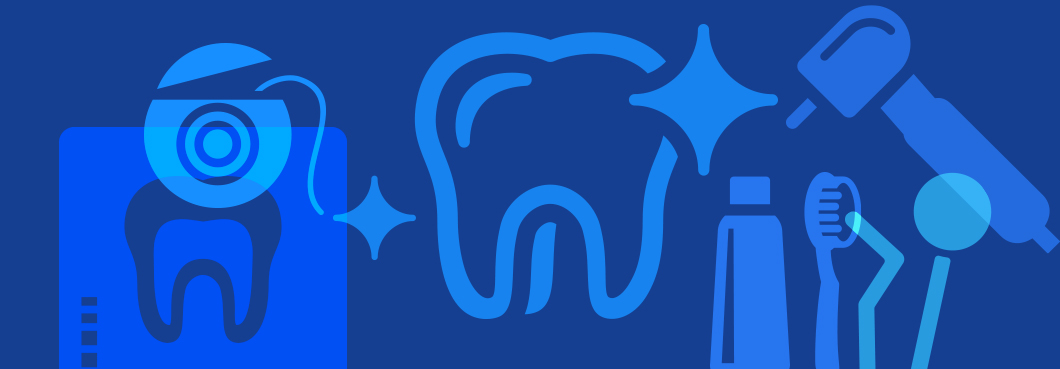Blue banner showing cartoonish images of a human tooth, tooth brush, and various dental tools.