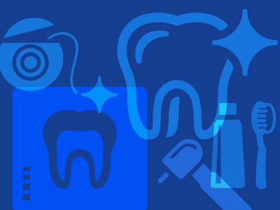 Graphic that connotes the Dental Assistant profession, which displays a cartoonish rendering of a tooth, a tooth scraper and other dental implements.