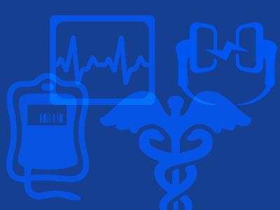 Graphic that connotes paramedic profession, which displays a cartoonish rendering of a heart monitor, defibrillator, scale and staff of hermes. 