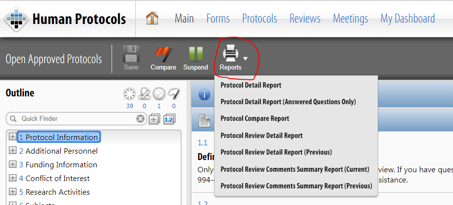 screen shot of reports button
