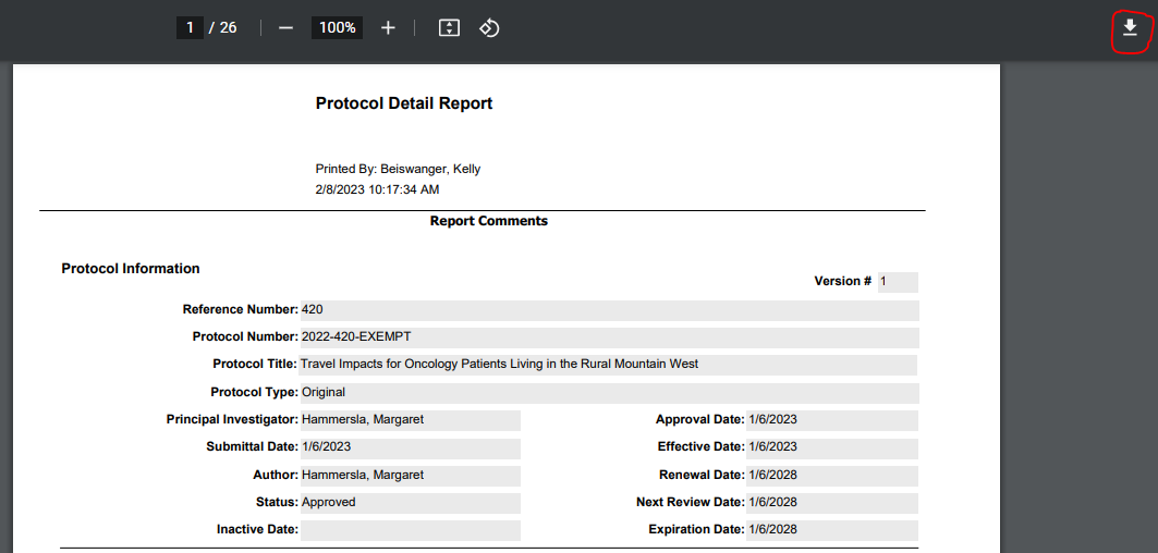 screen shot of protocol detail report