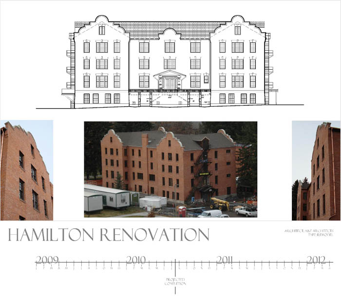 Composite pictures of Hamilton Hall and architectural drawings