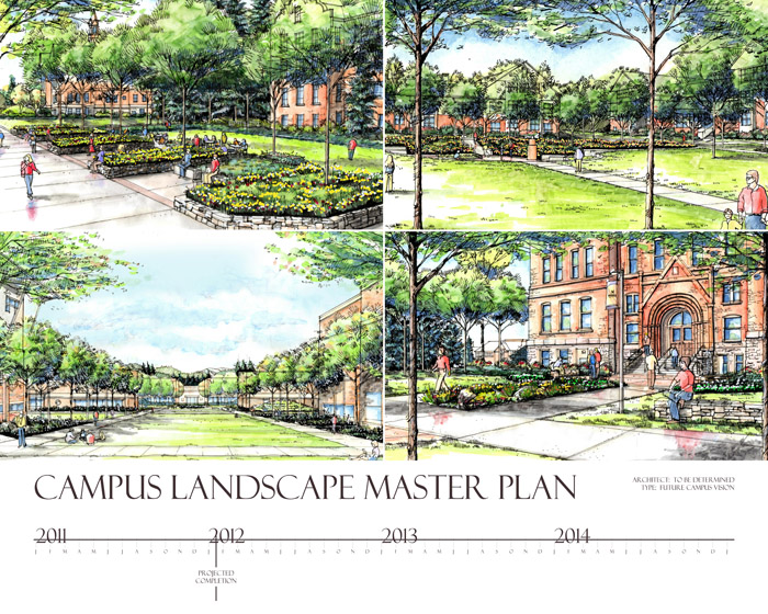 Architectural drawings of various campus landscapes.