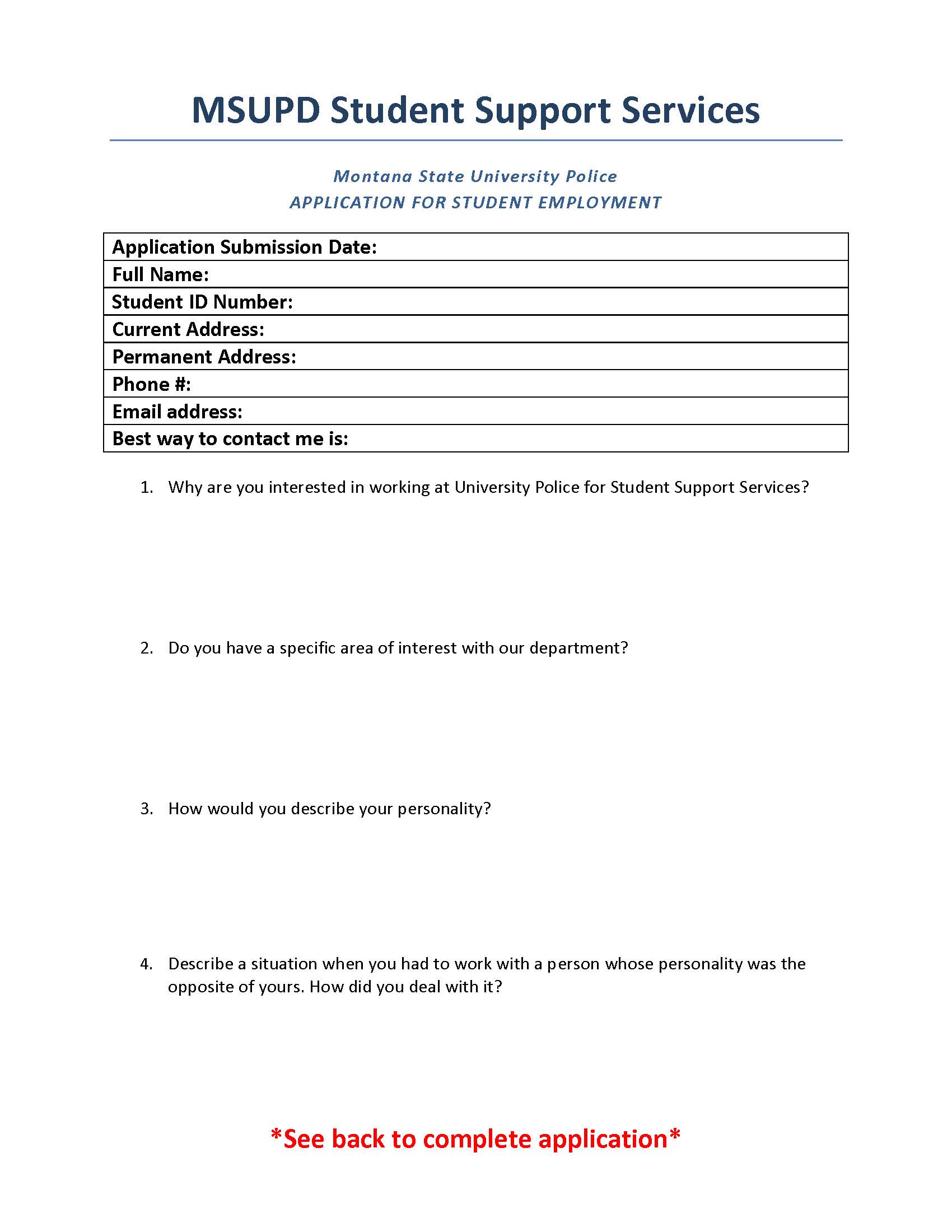 Student Employee Application Page 1