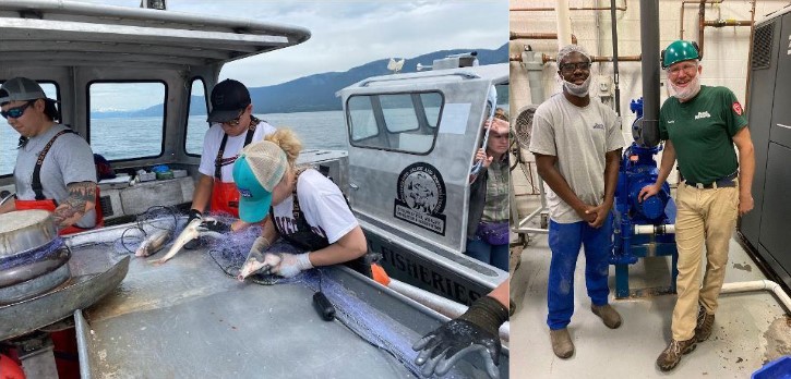 2022 intern, Elissa Ikola, working with Native Fish Keepers, Inc. (Left), and 2021 intern, Edwin Allan, working with Pasta Montana.