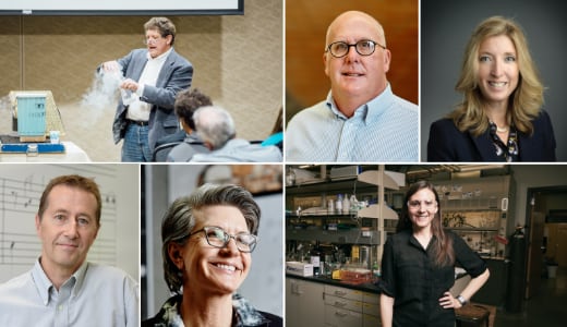 A photo montage of university professors, three men and three women, some in studio portraits, two in their classrooms or laboratories.