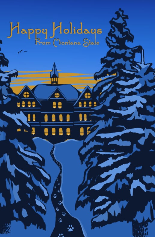 Illustration of a belltowered university administration building surrounded by snowy pine trees.
