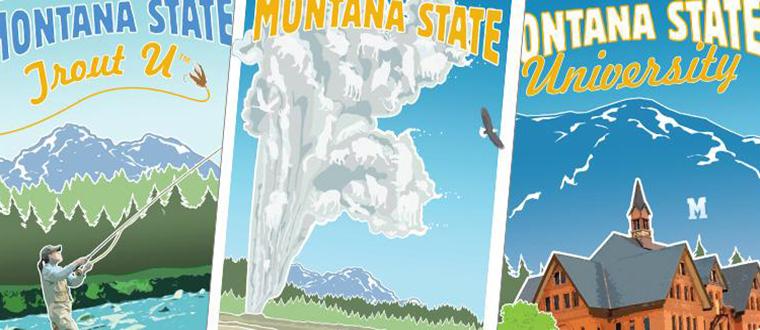 MSU Retro Posters Trout U with fly fisherwoman, Yellowstone with Old Faithful and Main Hall on campus