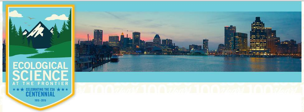 The Ecological Society of America's centennial celebration badge over a background image of a city skyline