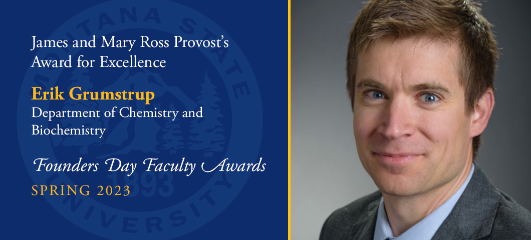 James and Mary Ross Provost's Award for Excellence: Erik Grumstrup, Founders Day Faculty Awards, Academic Year 2022-23. Portrait of Erik Grumstrup.