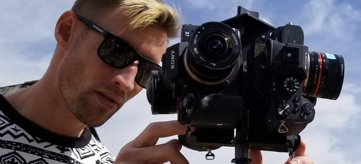 A student using a 360-degree camera rig from the Montana Reality Lab