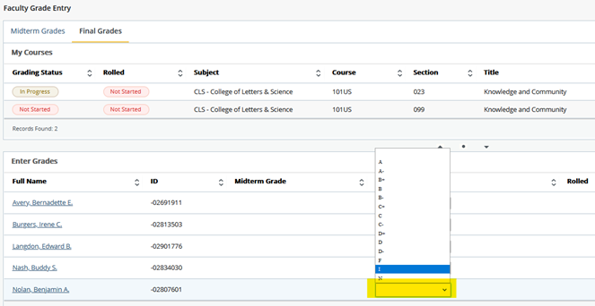 highlighted grade dropdown