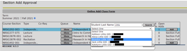screenshot of all students with same last name, showing GID