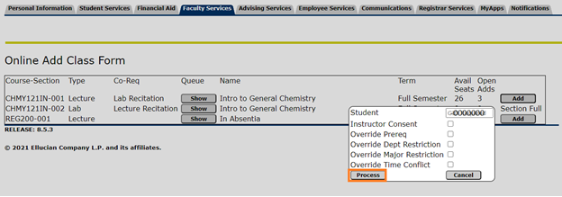 screenshot of clicking process once correct student and boxes have been selected