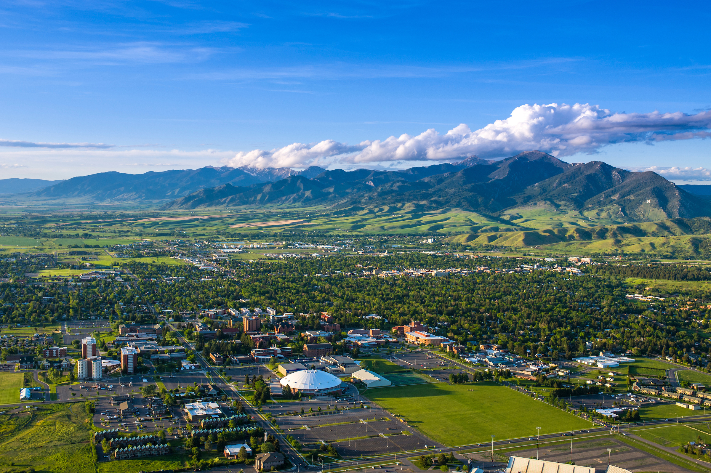 aerial view of MSU with Bridgers in background