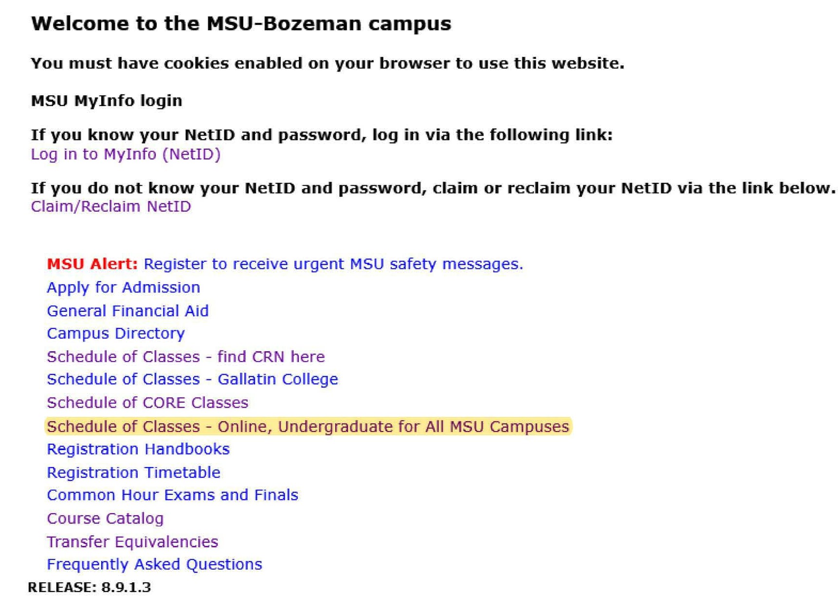 myinfo page with schedule of classes for all four MSU campuses highlighted