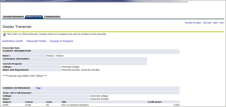 Unofficial Transcript Display