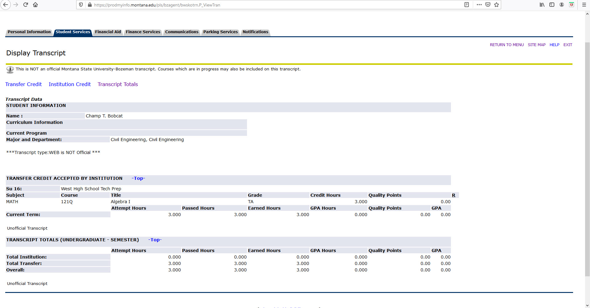 unofficial transcript view