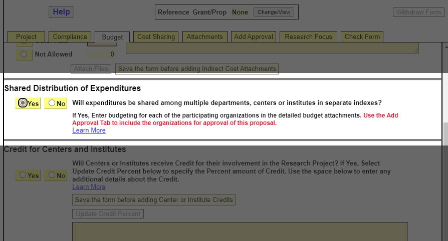 Screenshot of the Budget tab in the ePCF. The user must choose Yes or No under the heading "Shared Distribution of Expenditures" 