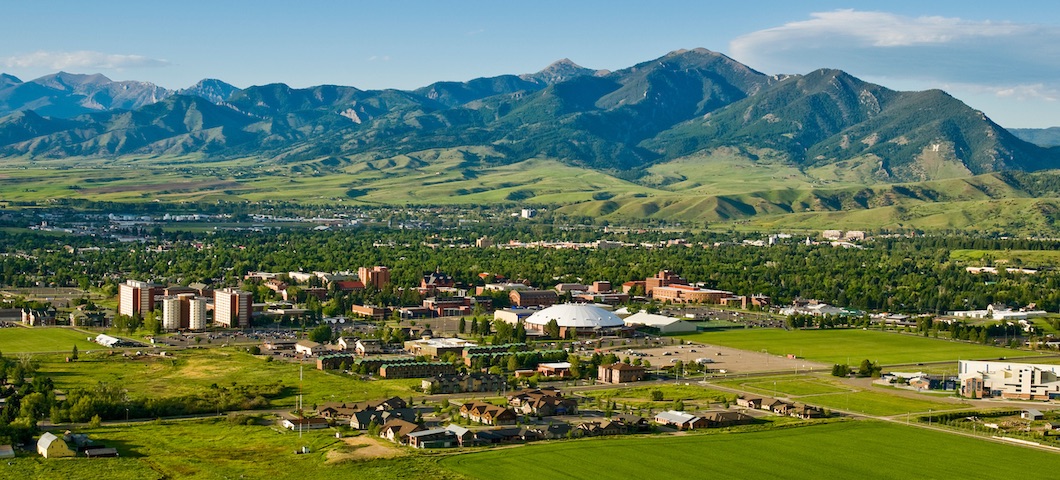 Scenic shot of MSU campus against Bridger Mountains.