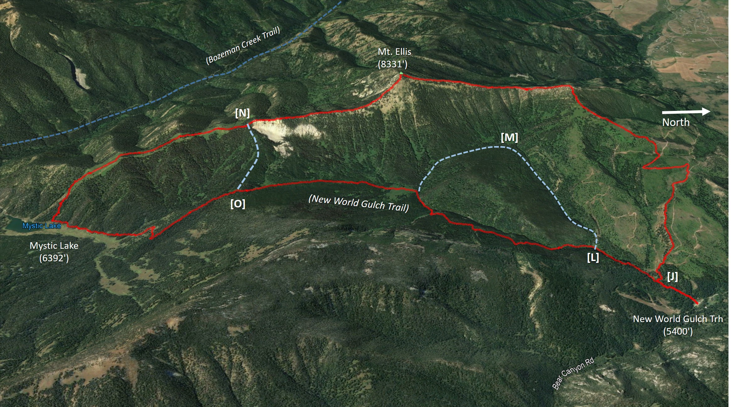 map showing loop from New World Gulch to Mt. Ellis to Mystic Lake