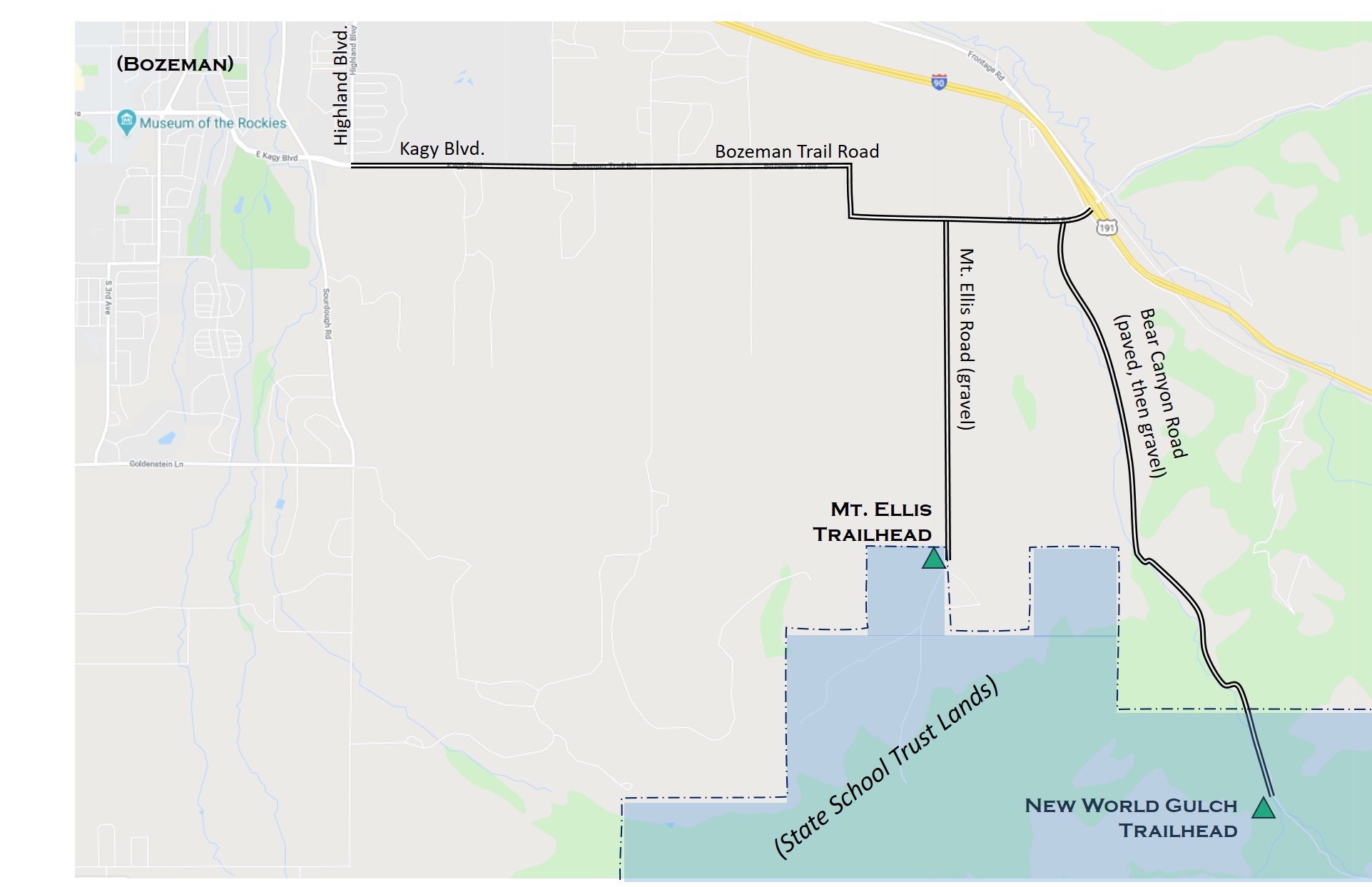 street map showing Mt. Ellis trailheads