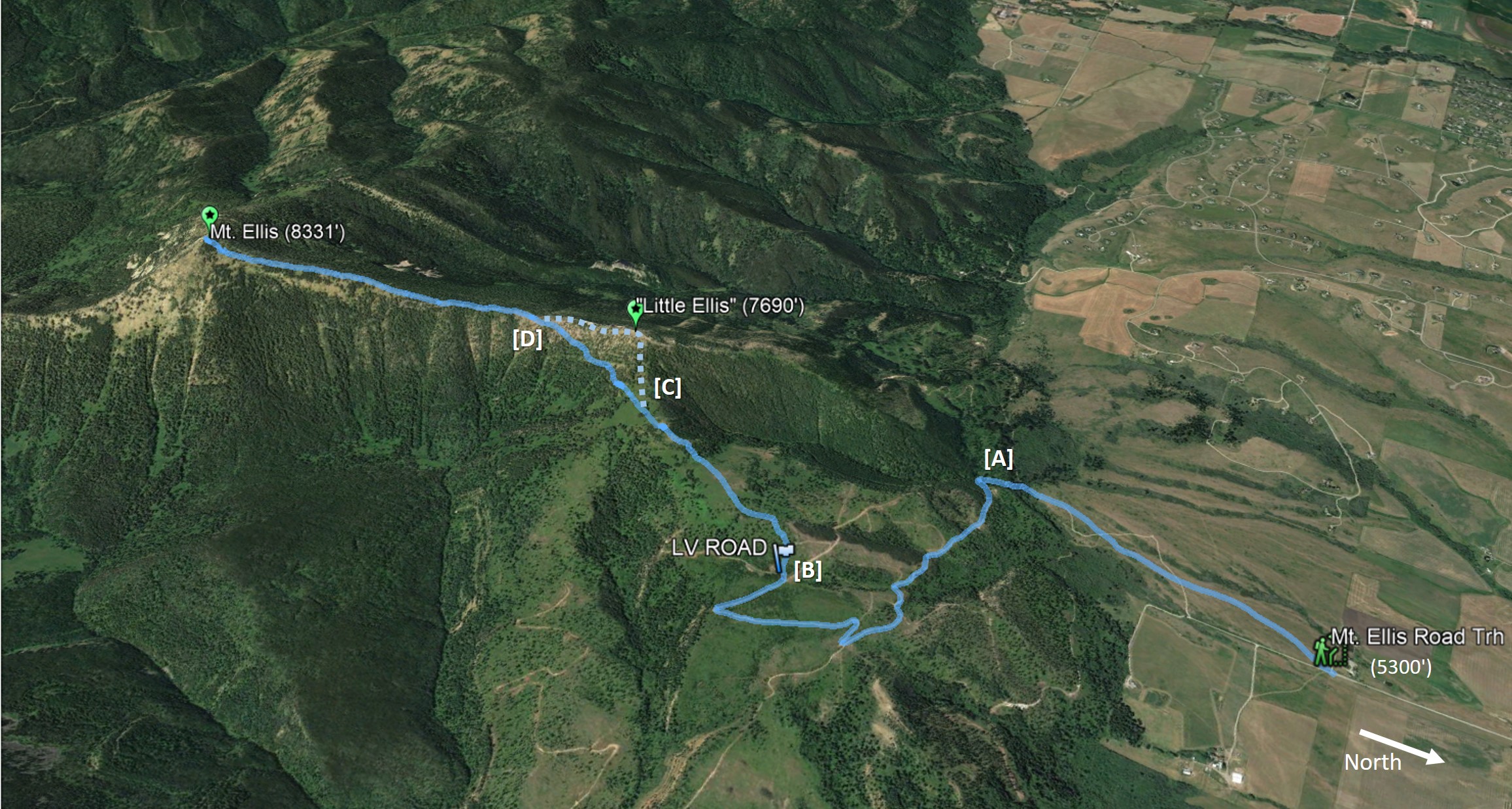 google earth view of ascent to Mt. Ellis via Mt. Ellis trailhead