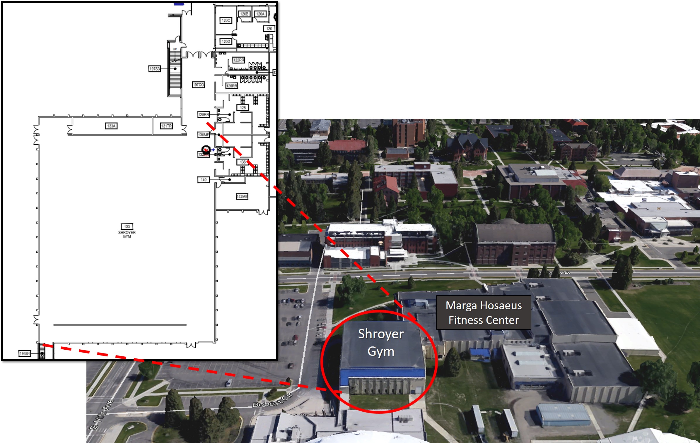 depiction of the location of shroyer gym on campus