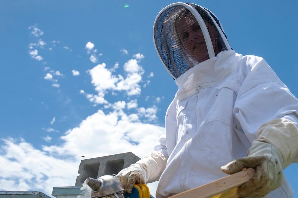 A woman in a protective bee suit holds a frame of honeycomb and a bee smoker. 