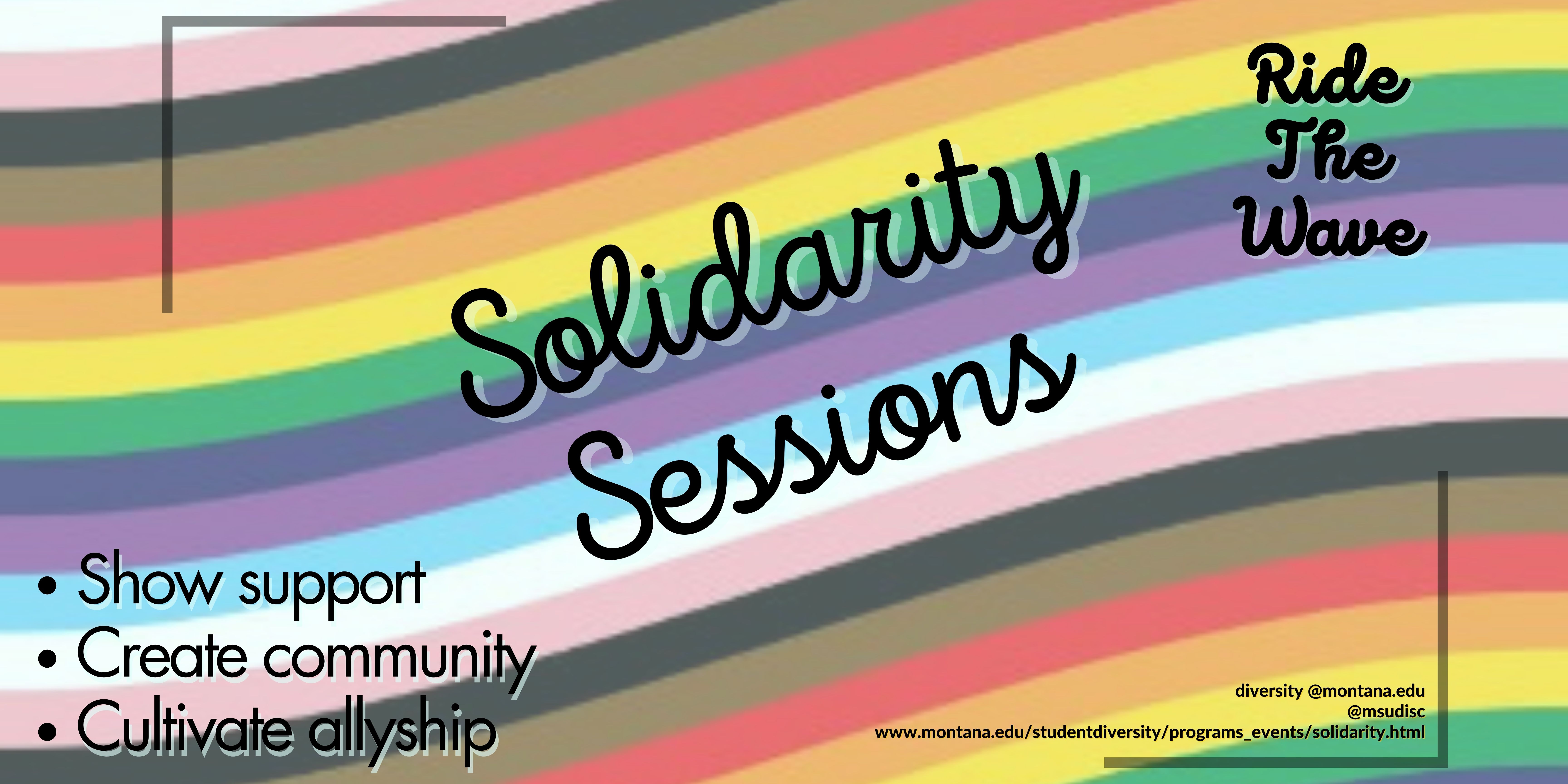 Solidarity Sessions, Ride the Wave. Show support, create community, cultivate allyship.  Wavy progress flag.