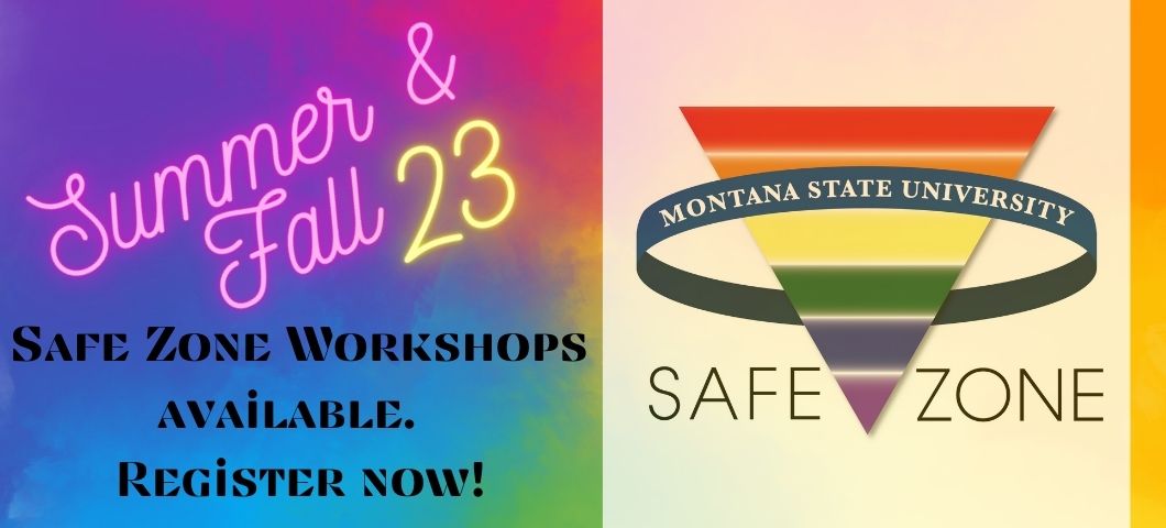 Safe Zone Logo, a rainbow in a triangle, with the invitation to register now for Summer and Fall '23 Safe Zone Workshops