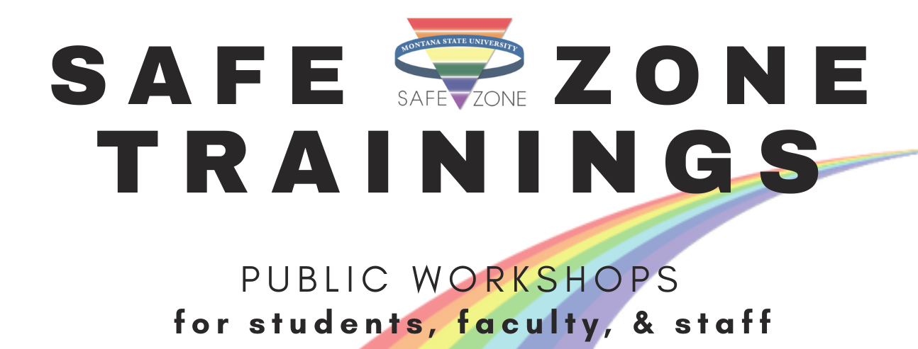 Safe Zone Logo, a rainbow in a triangle, with the invitation to register now for Spring 24 Safe Zone Workshops.